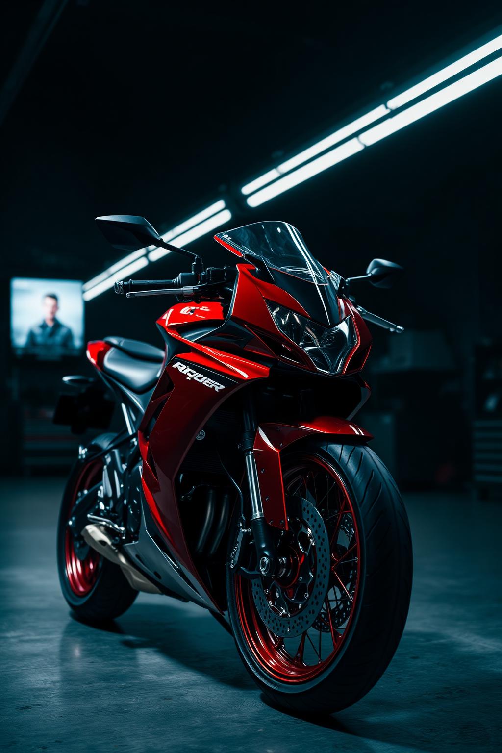 Karanlık atölyede kırmızı spor motosiklet